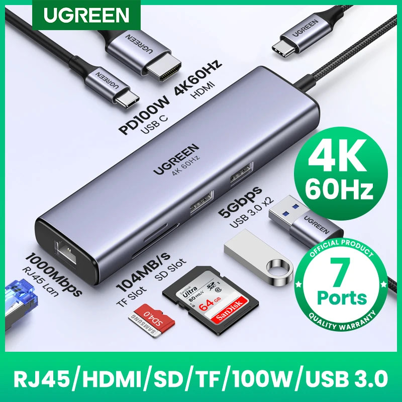 UGREEN USB HUB 7-in-1 Type-C to 4K60Hz HDMI SD&TF 5Gbps USB3.0 PD100W for Lapop Macbook Accessories USB Splitter Docking Station