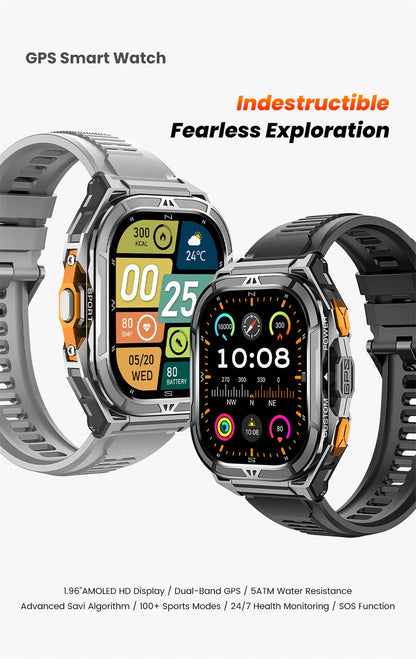 Military GPS Smart Watch - 5ATM Waterproof Bluetooth Call Compass Heart Rate