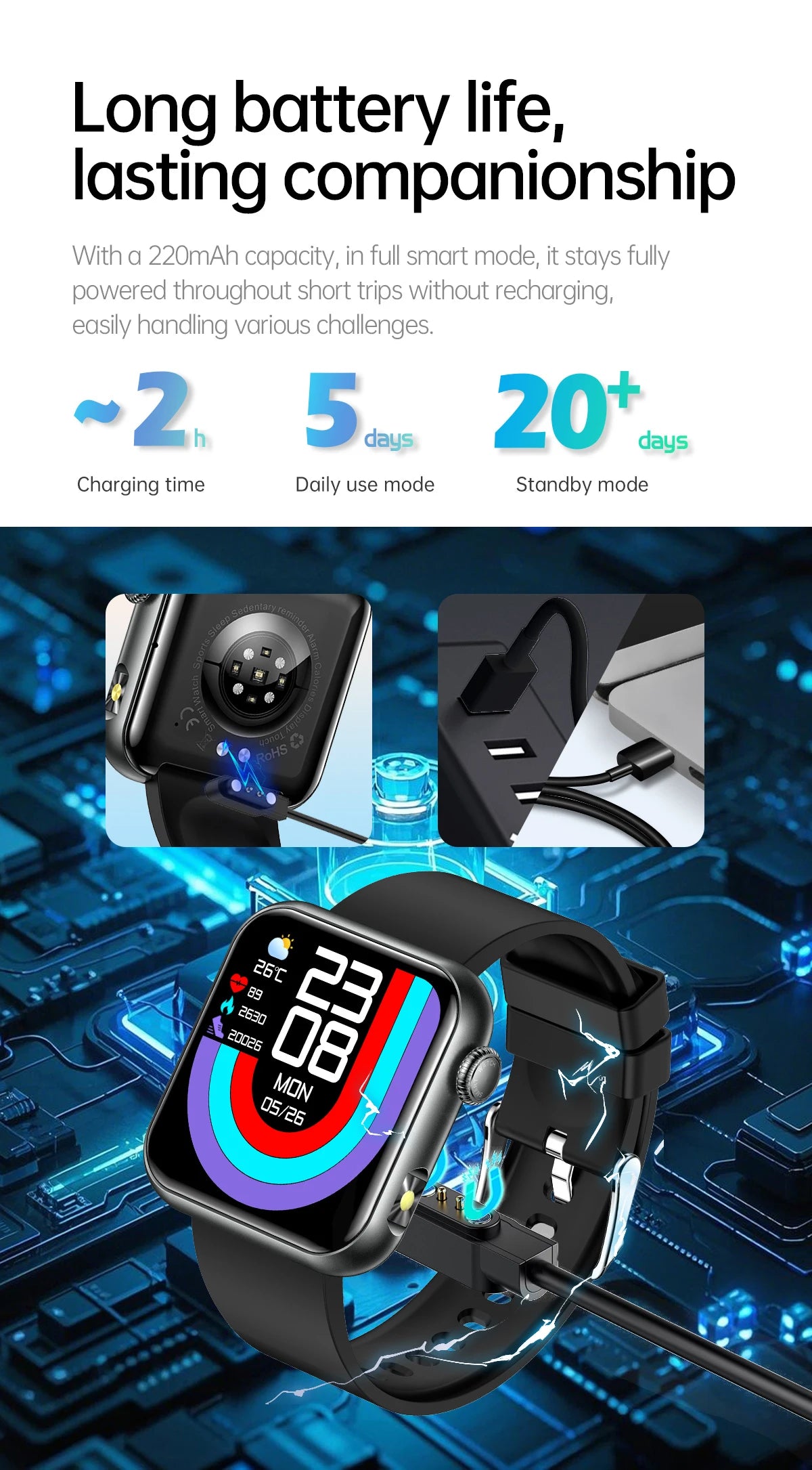 AI Smart Watch - HRV+PPG Blood Pressure Monitor, IP68 Waterproof