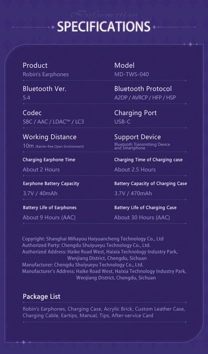 MOONDROP ROBIN Earphone Honkai Star Rail Robin's Earphones TWS Hybrid Dynamic Driver + Planar Driver ANC TWS Earphones