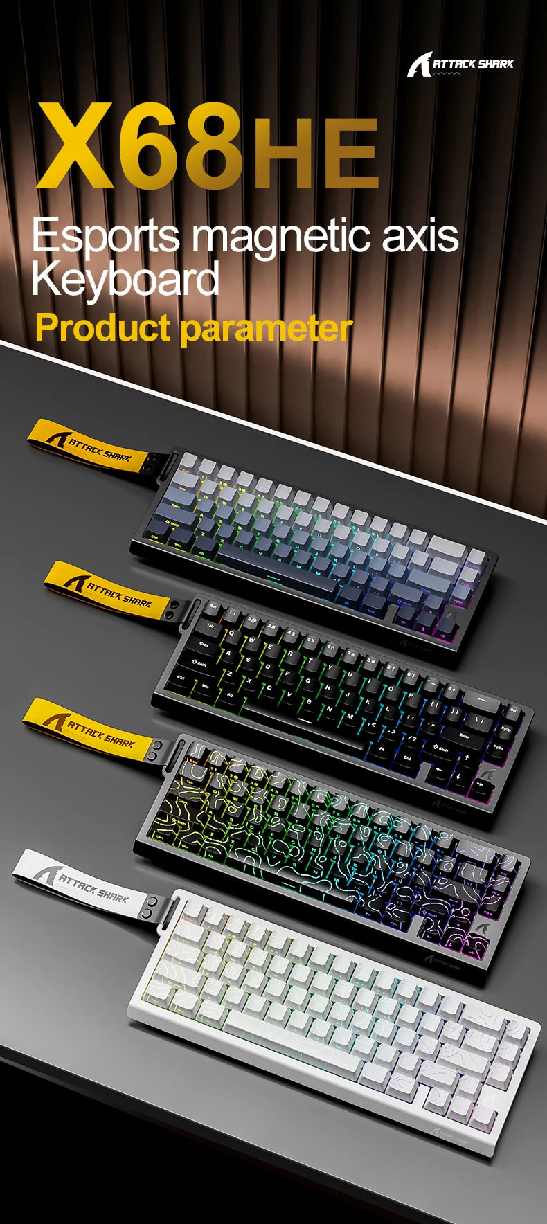 X68HE ATTACK SHARK Magnetic Gaming Keyboard Mechanical Wired for Pro Gaming 0.01mm Rapid Trigg 8000Hz SOCD/Rs 0.125ms 128K Rate