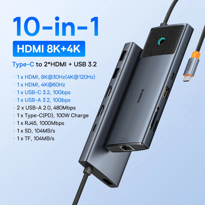 Baseus USB C HUB Dual HDMI 8K 4K Adapter 10-in-1 USB 3.2 10Gbps Splitter with RJ45 SD TF Type C PD 100W for MacBook Pro Air HUB