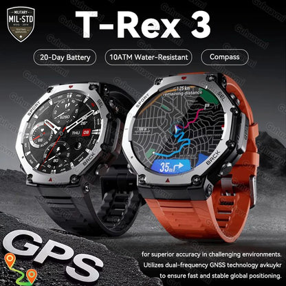 T-Rex 3 Pro Military GPS Smartwatch - 10ATM, 500mAh, Dual-Band GPS