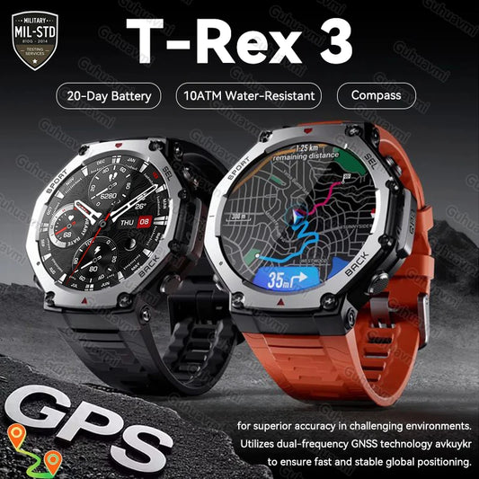 T-Rex 3 Pro Military GPS Smartwatch - 10ATM, 500mAh, Dual-Band GPS