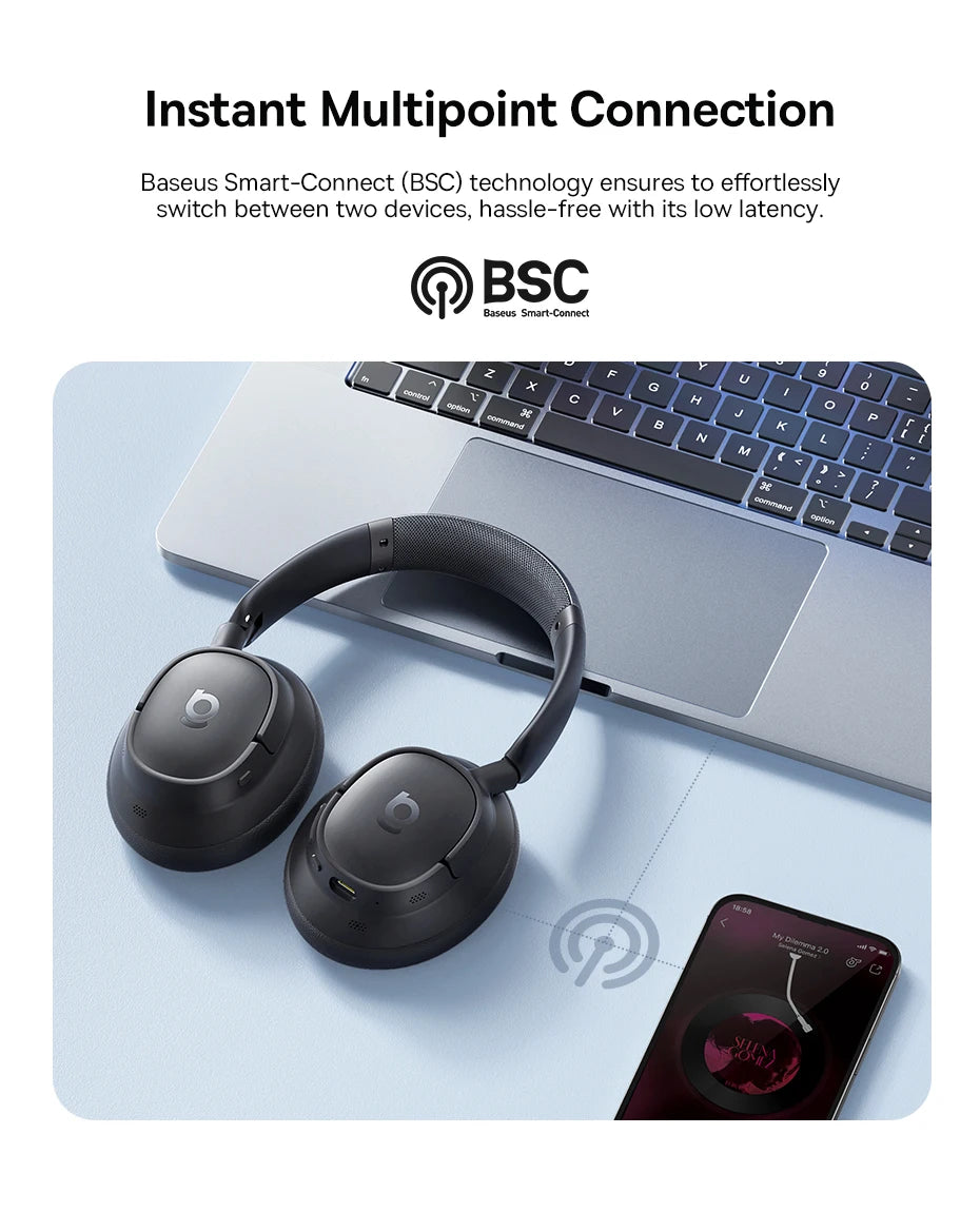 Baseus Bowie H1s Wireless Headphones - 46dB ANC, Hi-Res Spatial Audio, 120H