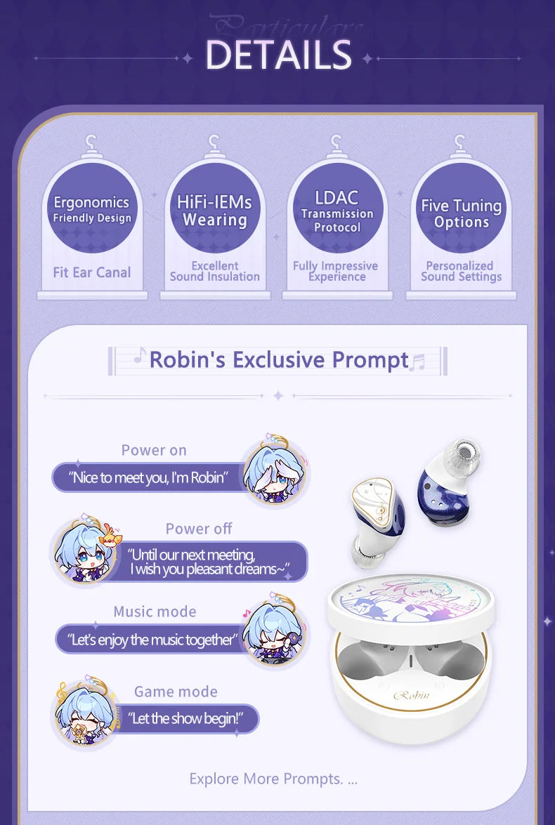 MOONDROP ROBIN Earphone Honkai Star Rail Robin's Earphones TWS Hybrid Dynamic Driver + Planar Driver ANC TWS Earphones