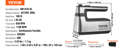 VEVOR Cordless Electric Hand Mixer - Variable Speed Rechargeable Baking Mixer