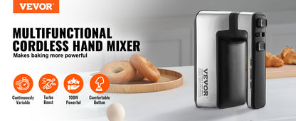 VEVOR Cordless Electric Hand Mixer - Variable Speed Rechargeable Baking Mixer